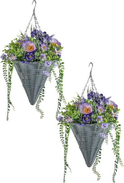 Hangmanden Kunstbloemen - Decoratie Manden - Verfraaien Ruimte - Realistisch Groen - 35cm Diameter - Paars