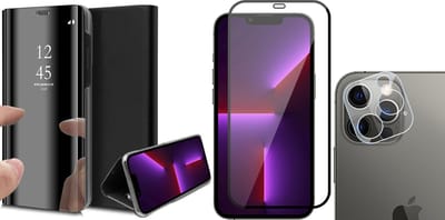 Hoesje geschikt voor iPhone 13 Pro - Spiegel Book Case - Zwart - Met Full Screenprotector en Camera Screen Protector