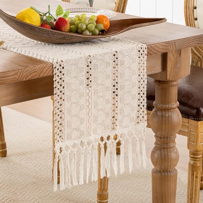 Tafelloper met kwastjes, beige, bohemian tafelloper, modern, van katoenlinnen, rustieke boerderij, tafelloper voor Boheemse keuken eettafel (30 x 180 cm)