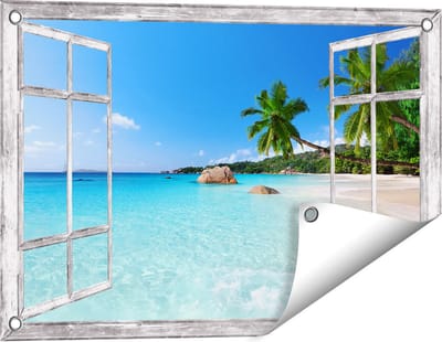 Gards Tuinposter Doorkijk Tropisch Strand en Zee - 60x40 cm - Tuindoek - Tuindecoratie - Wanddecoratie buiten - Tuinschilderij