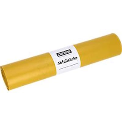 Deiss afvalzakken, 120 liter, gerecycled LDPE, voor afvalbakken, scheurvast, slijtvast, B 700 x H 1100 mm, geel, 250 stuks