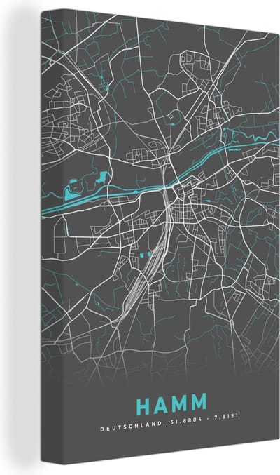 Canvas Schilderij Stadskaart – Plattegrond – Duitsland – Blauw – Hamm – Kaart - 20x30 cm - Wanddecoratie