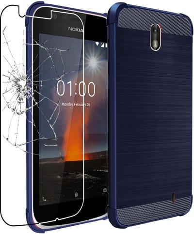 ebestStar - Hoes geschikt voor Nokia Nokia 1, TPU Bescherming Cover, Koolstof Design Hoesje, Donkerblauw + Gehard Glas