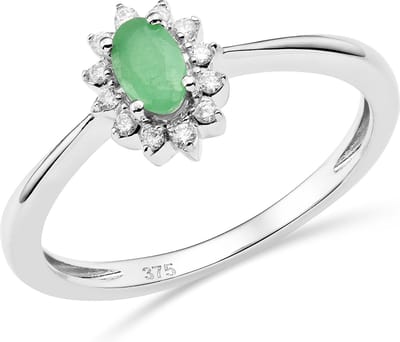 Miore Pure Ring - 9 Karaat - Zilverkleurig - Met Diamanten en een Groene Smaragd - Handgemaakte Sieraden - Elegant - Elegante Dames Sieraden - Maat 54