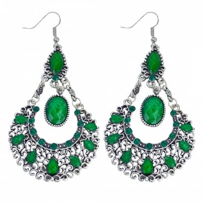 Zilver Groene oorbellen Tibetaanse look- 8 cm - Charme Bijoux