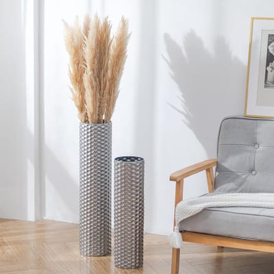 Grote Zilveren Vloervazen Hoge 70/55 cm Set van 2 voor Kunstplanten en Pampasgras - Honingraatdesign Decoratieve Bloemenvazen voor Woonkamer en Schoorsteenmantel Binnenhal