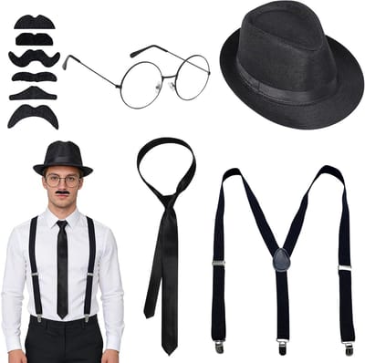 Agent Kostuum Accessoires Set met Hoed, Bretels, Zwarte Stropdas en Bril voor Spion en Secret Service Themafeest
