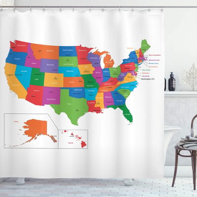 ABAKUHAUS Douchgordijn USA-kaart – 175x200 cm – Veelkleurig