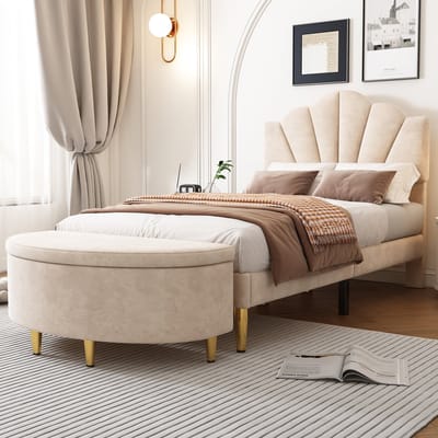 MEUNIQ gestoffeerd bed 90x200 cm met schelpvormig verstelbaar hoofdbord, houten lattenbodem, opbergbank aan voeteneind en metalen poten voor slaapkamer, beige