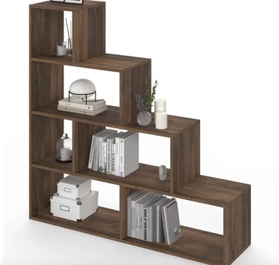 Trap boekenkast 114 cm walnoot effect 4 niveaus moderne open vakkenkast roomdivider houtlook opbergkast voor woonkamer slaapkamer of kantoor