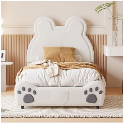 Lit rembourré Beau lit d'enfant, 90 x 200 cm, forme d'ours. Lit simple en velours doux pour la peau, blanc