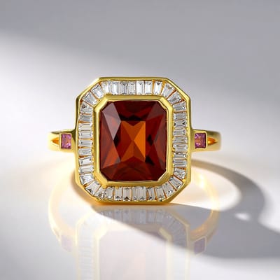 Cavill - Zilveren Ring - 925 Sterling Zilver Verguld - 4,959 ct Hessoniet Granaat & 0,162 ct Roze Ceylon Saffier - Luxe Achthoekig Design - Maat 19