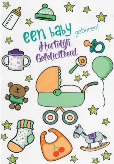 Een baby geboren! Hartelijk gefeliciteerd! Een bijzondere kaart met allerlei babybenodigdheden. Een leuke kaart om zo te geven of om bij een cadeau te voegen. Een dubbele wenskaart inclusief envelop en in folie verpakt.