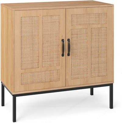 COSTWAY Sideboard rotan opbergkast, boho buffet accentkast, buffetkast met 3-voudig verstelbaar rek en 2 deuren voor keuken, eetkamer, woonkamer en hal (natuur)