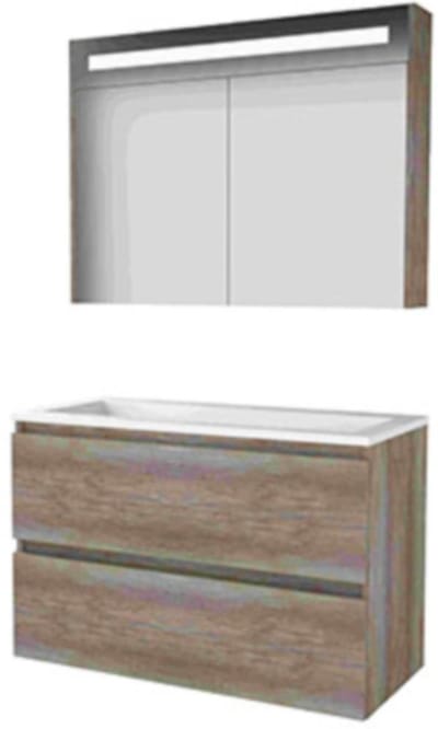 Basic-Line Premium 46 Badkamermeubelset - 100 x 46 cm - Greeploos - 2 Lades - Acryl Wastafel - Zonder Kraangat - Spiegelkast met LED Verlichting - Scotch Oak