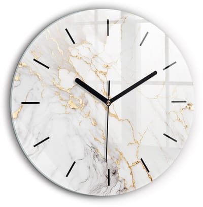 Wallfluent Wandklok - Decoratief marmer Klok met Afbeelding - 60 cm x 60 cm - Wit Wandklok - Zwarte Handen - Wandklok Zonder Cijfers - Wandklok voor in de Keuken - Ronde Glazen Klok - Industrieel Wandklok - Unieke Wandklok