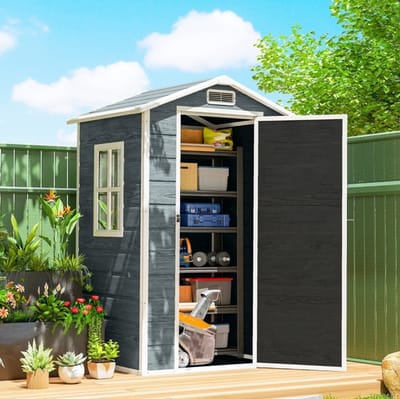 MEUNIQ kunststof schuur 128 x 104 x 196 cm met zijraam, ventilatie, Satteldak, afsluitbare deur, bodemframe en slot voor tuin of terras, grijs