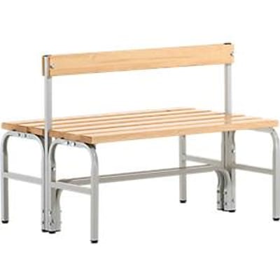 Kleedkamerbank, stalen buizen/hout, dubbel, met rugleuning, L 1015 mm, lichtgrijs