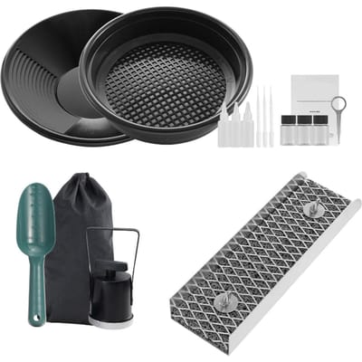 12 Inch Goudpanning Trog Aluminiumlegering Draagbare Sluisbak Prospectie Pan En Zeef Kit Rugzak met Trekkoord zwart