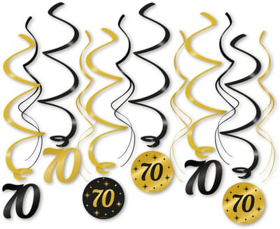 Q2P – 70 Jaar Slingers – Zwart & Gouden Hangdecoratie – Verjaardag Versiering – Feest Swirl – 12 Stuks