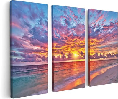 Artaza Canvas Schilderij Drieluik Zonsondergang Op Het Strand In De Malediven - 120x80 - Foto Op Canvas - Canvas Print