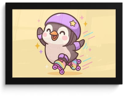 Poster in lijst - Fotolijst 30x20 cm - Posters - Pinguïn - Rolschaatsen - Geel - Energiek - Posterlijst zwart - Decoratie - Wanddecoratie woonkamer - Muurdecoratie slaapkamer