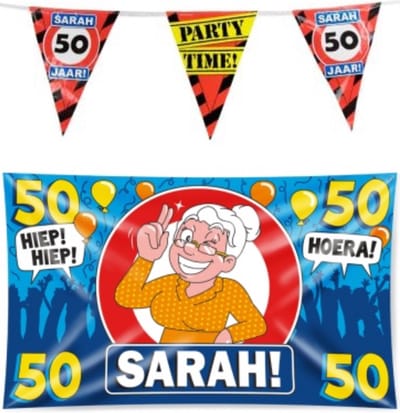 Sarah 50 jaar verjaardag versiering pakket – vlag – gevelvlag – paperdreams
