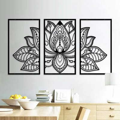 Set van 3 Metalen Lotusbloem Wanddecoratie Mandala Zwart - Unieke Muurkunst