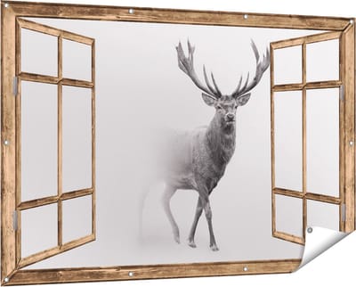 Gards Tuinposter Doorkijk Hert - Zwart Wit - 150x100 cm - Tuindoek - Tuindecoratie - Wanddecoratie buiten - Tuinschilderij