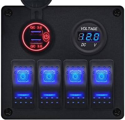 ProRide Schakelpaneel 12V voor Auto/Boot - USB Lader 2 Poorten met Voltmeter - QC3.0 - PUSB1QC-R - 4 Schakelaars