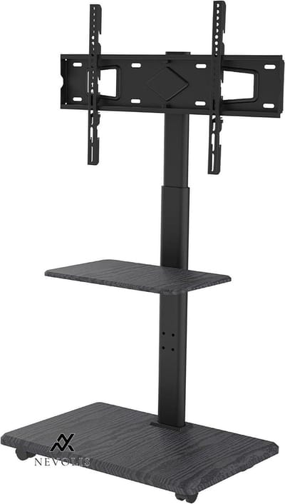Nevolis Delphos Mobile TV Stand Roll-Up with Wooden Base Height Adjustable to Approx. 130 cm Rotatable ± 25 Degrees Max. VESA 600 x - TV Stand for 32-70 Inch TV Up to 45 kg .