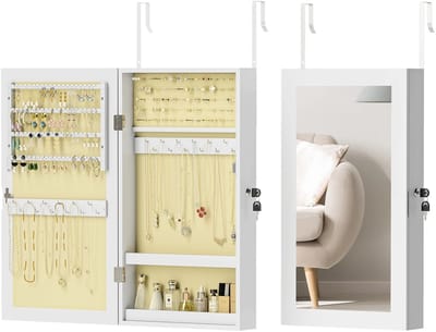 Roossentials sieradenkast - wandkast - opbergkast sieraden - Met meerdere vakken - Met slot - Voor aan de muur - Voor sieraden - Wit
