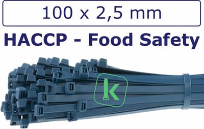 Tyraps, kabelbinders Detecteerbaar HACCP 100 x 2,5 mm Blauw (Zak 100 stuks) (tiewrap/tyrap/tie-wrap/bundelbandje/colsonbandje/)