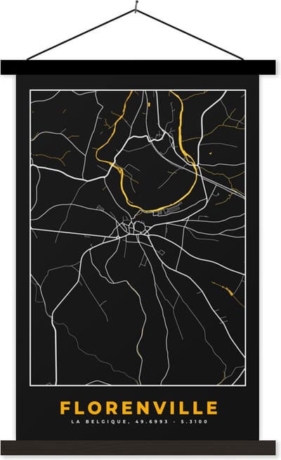 Posterhanger incl. Poster 40x60 cm - Schoolplaat - Florenville - Kaart - Plattegrond - Gold - Stadskaart - Textielposter - Zwarte latten - Stadskaart