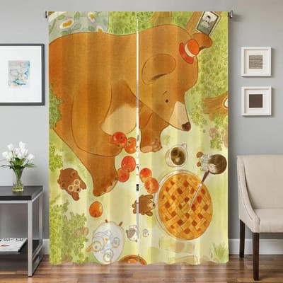 Raam Keukengordijnen voor Woonkamer 2 Stuks Verduisterende Gordijnen Deurgordijn Beren en Meisjes Afscheiding Slaapkamer Decoratie W50xH70cmx2pcs-CL beige