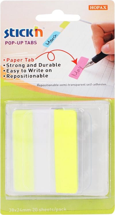 Stick'n Bladwijzers - Extra stevig - Sticky index tabs - 38x50mm - Geel - 10 tabs in houder