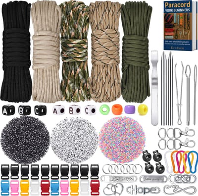 75 meter Paracord Pakket met 355 Accessoires - 5 Kleuren 4mm Parakoord 550, Karabijnhaken, Naaldenset, Bedels, Klikgesp, Kralen - Parachute Koord Knutselpakket Set - Knutselen Touw voor Volwassen, Kinderen, Meisjes - Sieraden/Armbandjes Maken