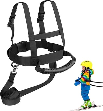 Skigordel voor kinderen - Ski- en snowboardgordel voor kinderen - Veiligheidsgordel voor skitraining - Met afneembaar sleeptouw en gemakkelijk te trekken handvat - Geschikt voor beginners - Schaatsen, skateboarden, snowboarden, skeeleren, fietsen (zw