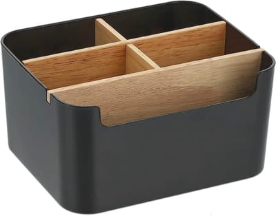 QTTVBTNA -Bamboe Bureau Organizer met 5 Vakken – Houten Desk Organizer met Pennenhouder en Opbergvakken voor Pennen, Make-up, Notities en Accessoires – Stijlvolle Bureau Opbergbox voor Thuis & Kantoor (Zwart)