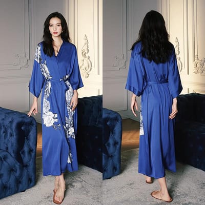 Grote Maten Dames Lange Badjas Nachtkleding Print Bloem Kimono Badjas Gewaad Loungewear Lente Zomer Losse Casual Satijnen Huisjurk One size blue