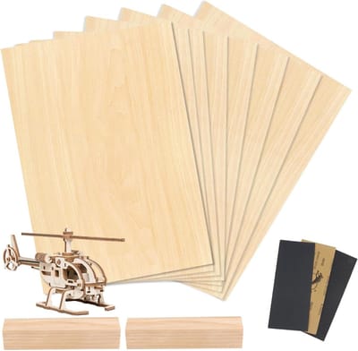 10-delige Balsahouten Platen Set 300 x 200 x 2 mm Incl. Schuurpapier en Houten Blokken - Multiplex voor Modelbouw en Lasergravure - Doe-het-zelf Handwerk - Miniaturen en Vliegtuig - Houten Knutselhout