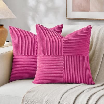 Fancy Homi 2 Pieces Hot Pink Decorative Throw Pillow Covers for Living Room Sofa Bed Sofa Rustic Farmhouse Boho Home Decor Soft Corss Patchwork Corduroy Textured Pillow Cover 40x40cm