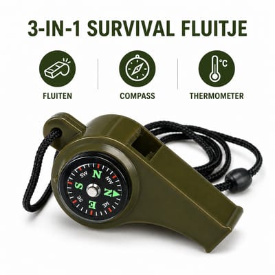 Chipa - 3 in 1 Survival Fluitje met Kompas en Thermometer – Noodfluit – Outdoor & Camping – Inclusief Draagkoord – Legergroen - Noodfluitje - Survival - Kompas