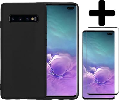 Hoesje - Met Screenprotector - Geschikt voor Samsung Galaxy S10 - Sterk & Shockproof - Back Cover - Siliconen Case - Telefoon Hoes - Telefoonhoesjes - Zwart