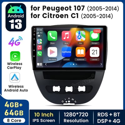 HexinexMarket Octa-Core autoradio Geschikt voor Peugeot 107, Toyota Aygo, Citroën C1 (2005-2014) - Draadloos CarPlay, Android Auto, multimediaspeler, 3G/4G-communicatie, 4GB+64GB
