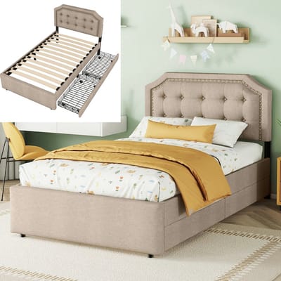 VVBV Gestoffeerd Bed met Opbergruimte 90x200 cm - Lades, Bureau - Beige