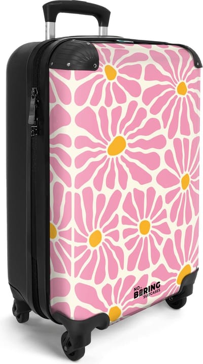NoBoringSuitcases.com® - Handbagage koffer lichtgewicht - Reiskoffer trolley - Beige valies met roze en oranje bloemen - Rolkoffer met wieltjes - Luggage suitcase - Past binnen 55x40x20 en 55x35x25