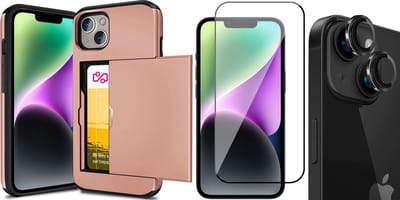 Hoesje met Pasjeshouder geschikt voor iPhone 15 - Screenprotector FullGuard & Camera Lens Screen Protector Zwart - Back Cover SlideCase Roségoud