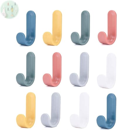 Set van 12 zelfklevende haken, kleurrijke wandhaken voor badkamer, keuken en kantoor, ideaal voor handdoeken, kleding en speelgoed
