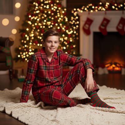 La-V Flanel pyjama set voor jongen met geruit patroon- Rood - 152-158